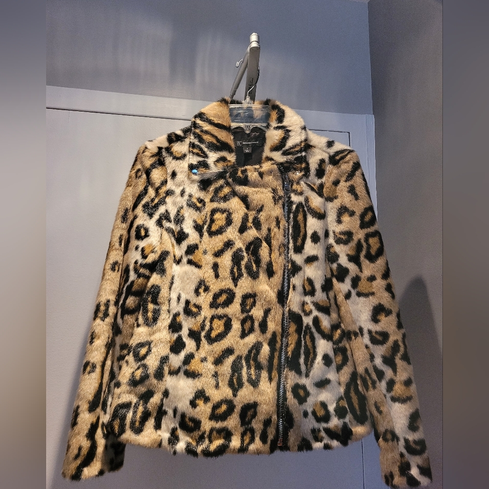 INC women's Small faux fur leopard moto jacket